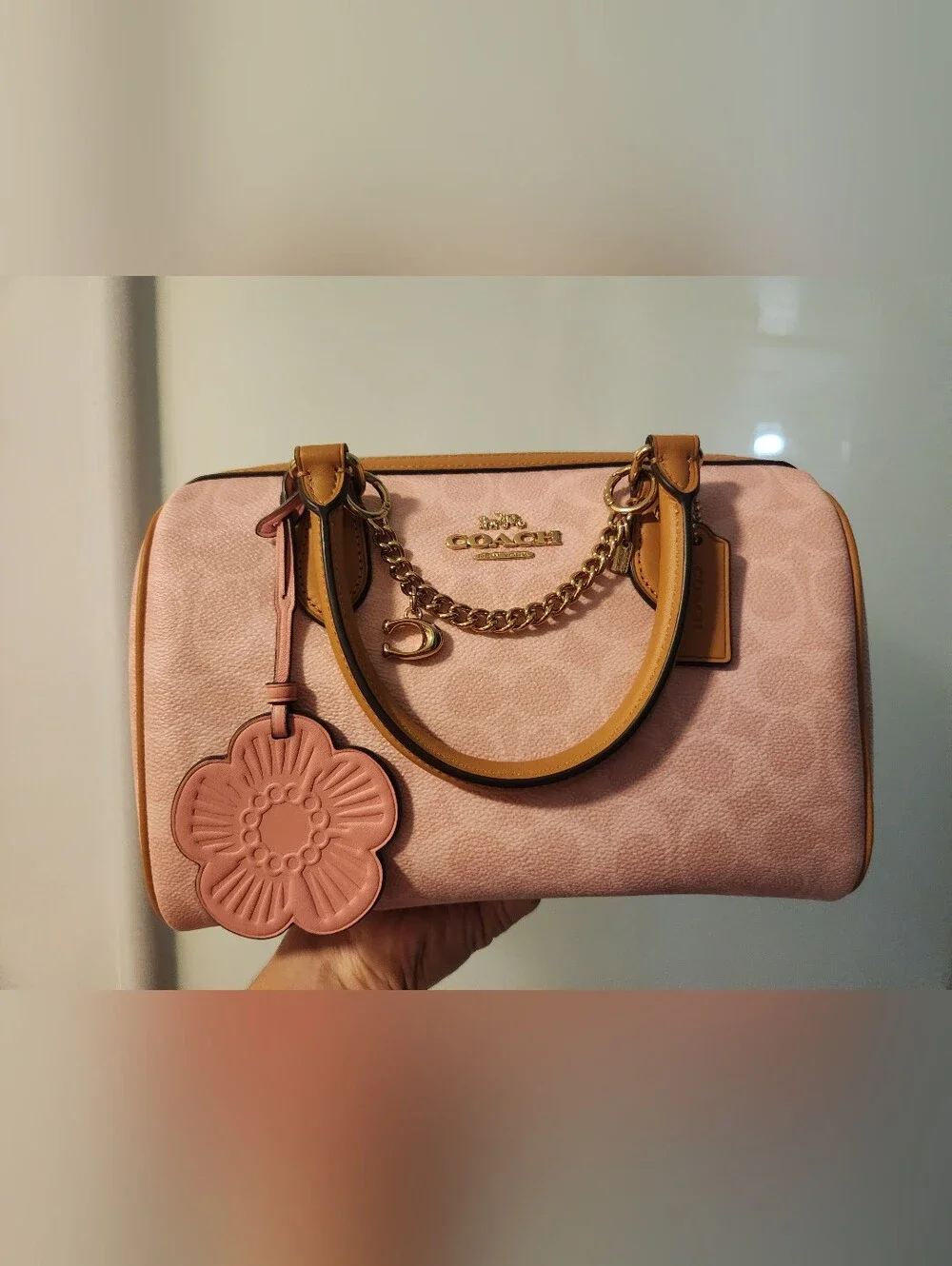 Coach Pink Signature Satchel with Flower Charm and Gold Hardware Rowan.